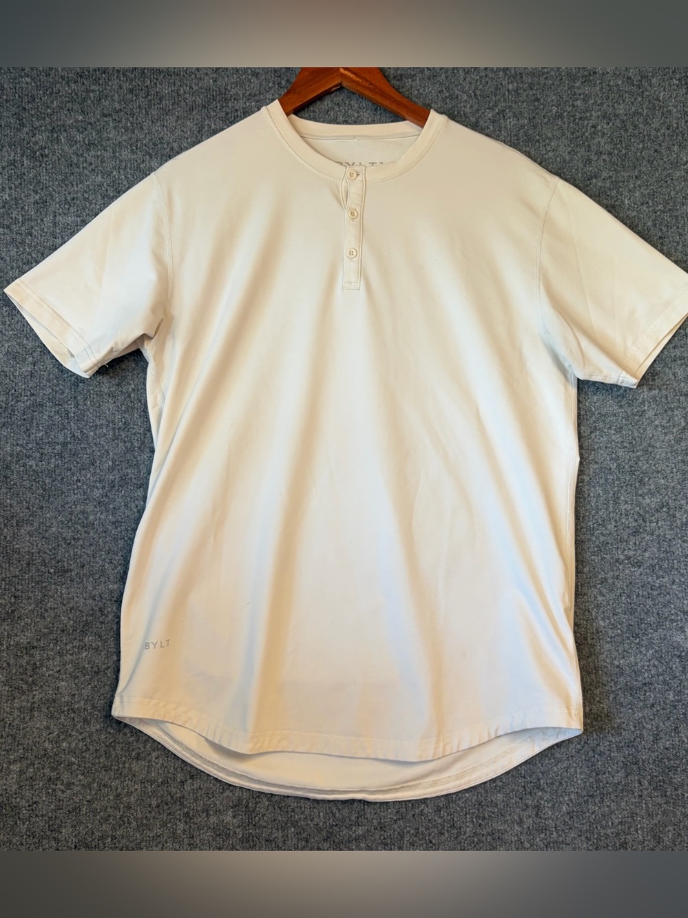 BYLT Basics Drop Cut Henley Mens Large Cream Short Sleeve Lux Shirt XDC-SS-HNLY